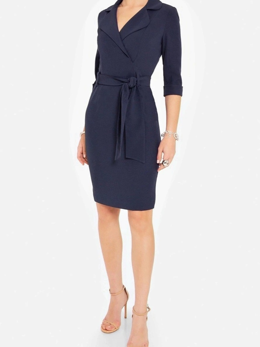 Black Halo Lucinda Belted Trench Style Sheath Dress Navy Blue Size 10